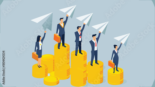 Diverse group of business professionals joyfully launching paper airplanes symbolizing innovation teamwork and creative ideas in a modern office setting