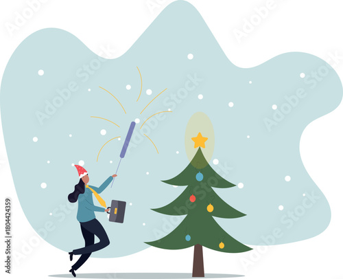 A female manager lit a sparkler near the Christmas tree.