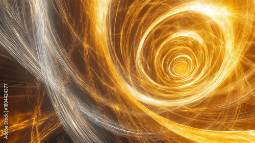 Golden vortex pattern formed by light trails swirling into a bright center. Abstract visual representation of speed, motion and power with copy space for modern design.
