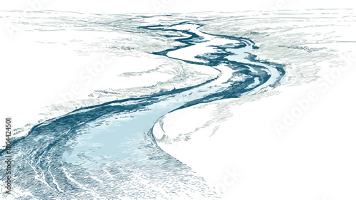 River Drawing with Flowing Water Vector Illustration