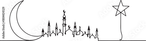 Continuous line drawing of a crescent moon and mosque silhouette with a star