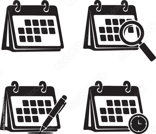 Set of four calendar icons representing different actions like planning, searching, writing, and time management