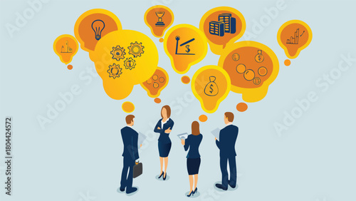 Diverse group of people collaborating with glowing 3d idea bubbles representing creativity innovation and problem solving in a modern business setting