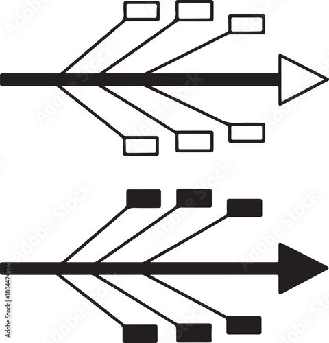 Two black arrows pointing right, one with hollow boxes and the other with solid boxes