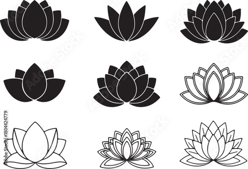 Collection of nine lotus flower icons and illustrations
