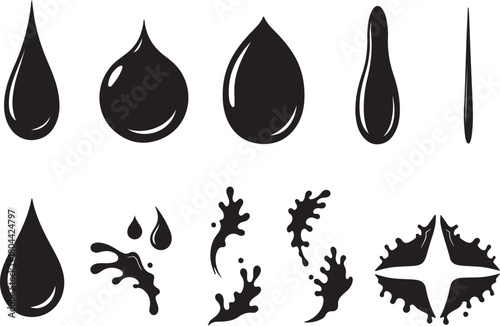 Collection of black liquid drops and splashes