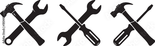 Set of three crossed tools including a hammer, wrench, and screwdriver