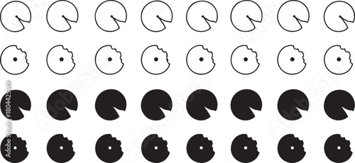 Set of pie chart icons showing progress from empty to full, with some missing pieces and bite marks