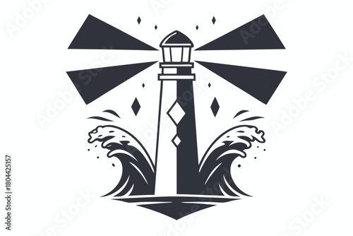 A simple lighthouse shines with radiant light amid crashing ocean waves, a monochrome scene