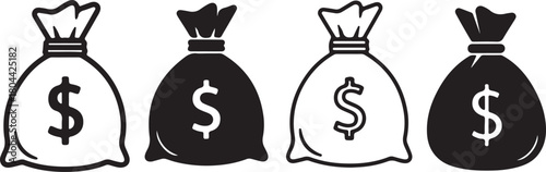 Four money bags with dollar signs, two in black and white outline, two in solid black