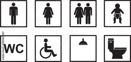 Collection of eight black and white icons representing different restroom and bathroom facilities, a