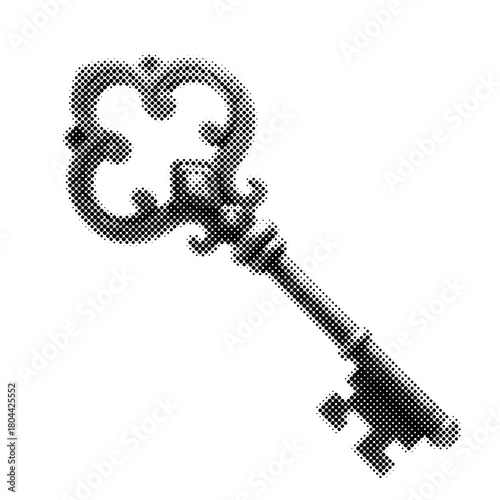 Ornate vintage key illustration in detailed halftone engraving style. Suitable for antique themes, symbolism, mystery concepts, retro decor, and decorative design.