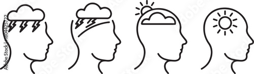 Progression of thoughts from negative to positive, represented by storm clouds and lightning turning into a sun inside a human head silhouette