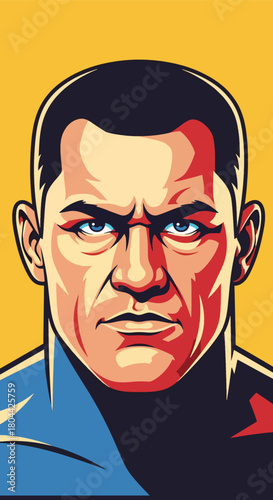 Stylized graphic portrait of a man with a serious and intense expression.