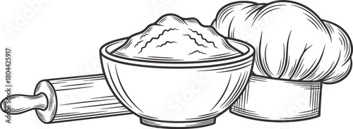 Elegant vintage floral kitchen utensil illustration collection with rolling pin whisk spatula spoon wine bottle and glass decorative botanical frame line art cooking design set for restaurant cafe bra