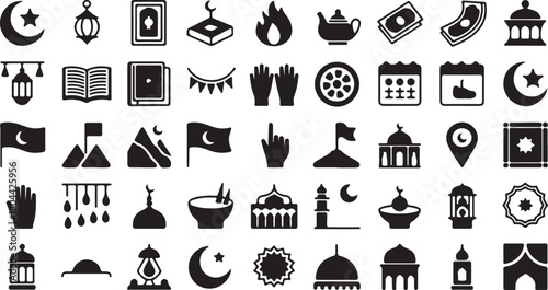 Collection of islamic and ramadan icons, including crescent moon, star, mosque, lantern, book, calendar, and prayer beads