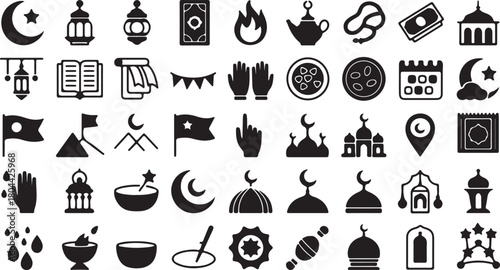 Collection of islamic and ramadan icons, including crescent moon, star, mosque, lantern, prayer, and calendar