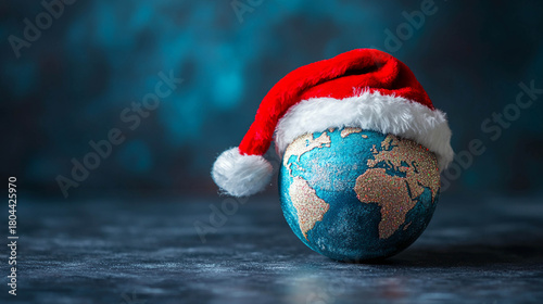 A globe decorated with a Christmas hat on a dark background. Holiday and care for the planet.