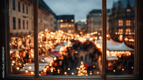 Christmas market filled with lights and decorations, viewed through a window, creating a cozy holiday atmosphere with festive spirit
