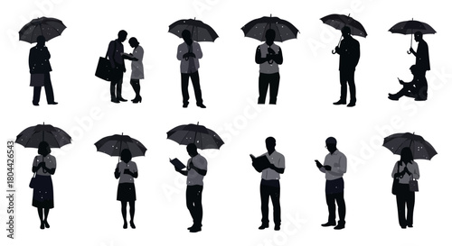 diverse silhouettes of people with umbrellas navigating urban spaces on a rainy day depicting everyday activities and public life.