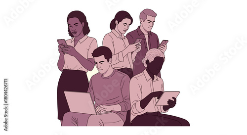 diverse individuals actively using smartphones laptops and tablets illustrating modern digital connectivity and contemporary online lifestyles.