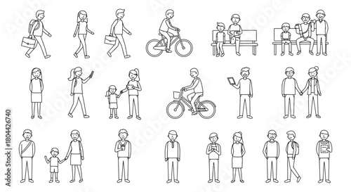 diverse line art human figures engaged in everyday activities suitable for modern ui ux design infographics and web illustrations.