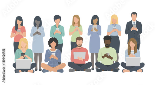 diverse multi-ethnic people using digital devices illustrating modern communication social media and global connection.