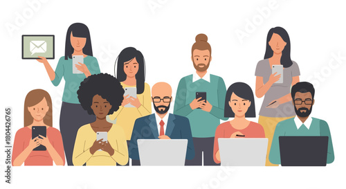 diverse multi-ethnic individuals engaging with digital devices highlighting modern communication social networking and online connectivity.