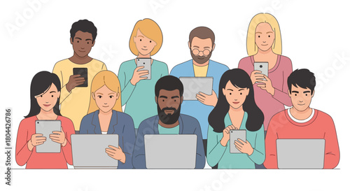 diverse people actively using laptops tablets and smartphones illustrating modern digital connectivity online communication and technology usage.