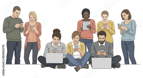 diverse people focused on smartphones laptops and tablets showcasing modern digital communication screen time and social media engagement.