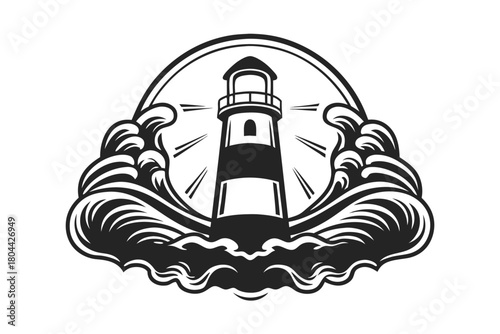 A striped lighthouse emitting light stands strong amidst black waves and circular border
