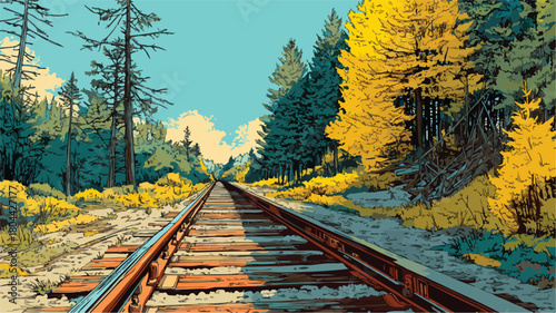 Serene Landscape Painting of Railroad Track and Trees in Nature