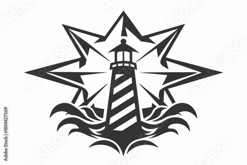 A stark lighthouse amidst stylized waves shines beneath an eightpointed geometric star symbol