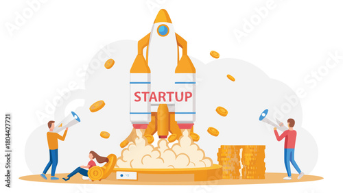 Dynamic illustration of a rocket launching fueled by a crowd of diverse people symbolizing collective effort and startup growth towards innovation and success