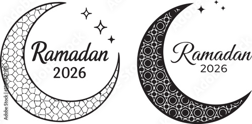 Ramadan 2026 crescent moon vector art with intricate patterns, stars, and elegant typography for islamic holiday design elements.
