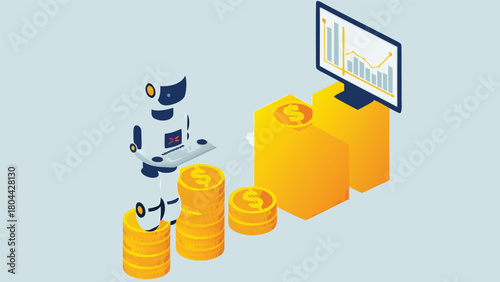 Futuristic robot financial advisor offering investment advice and guidance on a digital platform designed for financial technology marketing and business presentations