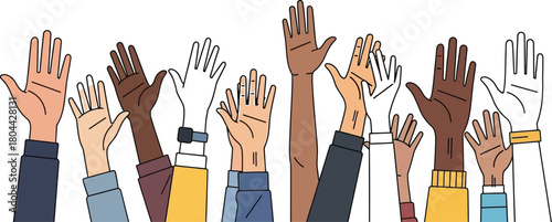 Diverse group raising hands in unity and support for a common goal or cause