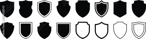 Set of black shield icons, vector security symbols, protection emblem collection, safety badge silhouette, isolated graphic elements.