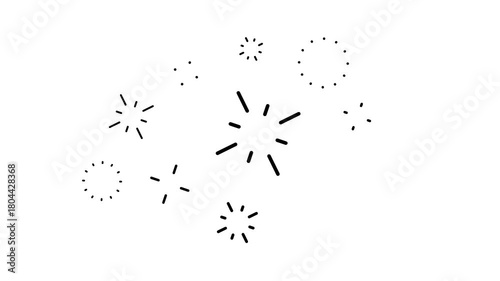Black Line Art Fireworks Burst and Dots on White Background Keywords: fireworks, celebration, burst, explosion, spark, starburst, abstract, graphic, design, element, simple, minimalist, black and