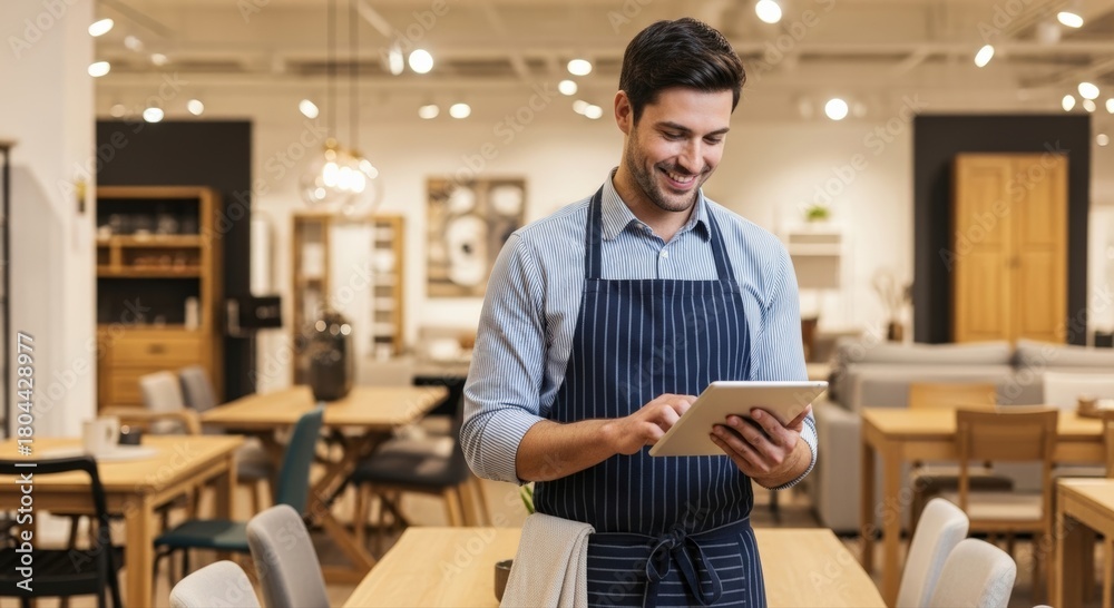 Fototapeta premium Smiling professional in a stylish striped apron happily uses a digital tablet, efficiently managing customer interactions within a bright, modern retail or hospitality establishment