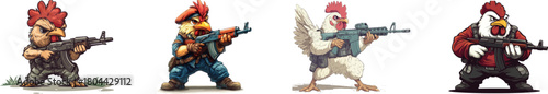 An Ak-47-toting cartoon chicken, consumed by rage, is illustrated in a sleek modern style with simple gradients, all contained within one layer