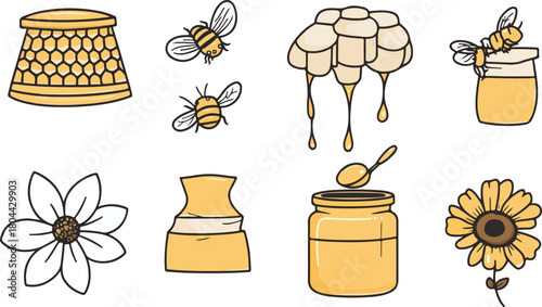 Sweet breakfast food icons set vector drawing of honey jars, cups of coffee and tea, milk, and fruit