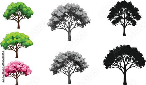 Tree illustration set featuring green color grayscale and black silhouette styles isolated on white background.