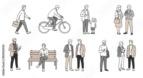 everyday life scenes with diverse people minimalist line art illustrations depicting urban activities social interaction and casual routines.