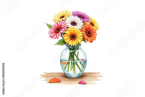 Gerbera daisy flower vector with leaves in vase. Bunch of colorful blooms arrangement and fresh floral bouquet for home decoration concept.