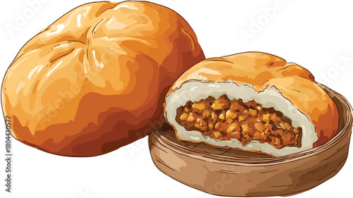 Delicious Round Bun with Open Stuffing Vector Illustration