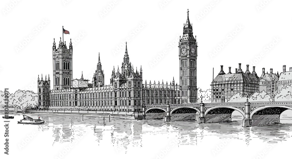 Fototapeta premium hand drawn sketch of londons houses of parliament big ben westminster bridge river thames perfect for uk tourism history.