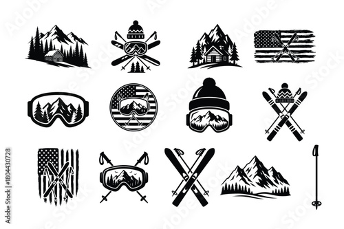 Ski Adventure Mountain Badge Bundle | Winter Sports Goggles Cabin Vintage Vector Set