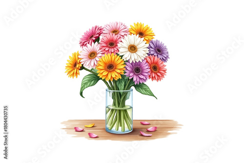 Collection of gerbera daisies in vase vector displayed on wooden surface with scattering of flower petals.  Pretty blooms adds touch of color to setting.