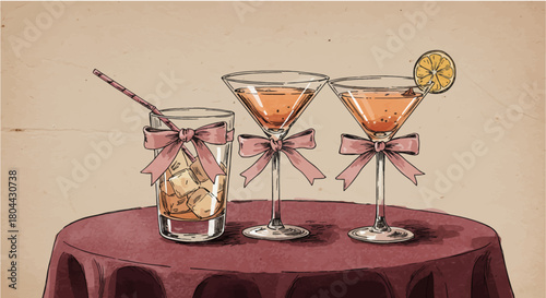 festive hand-drawn cocktails with ice and pink ribbon bows on a vintage table perfect for celebration and party designs